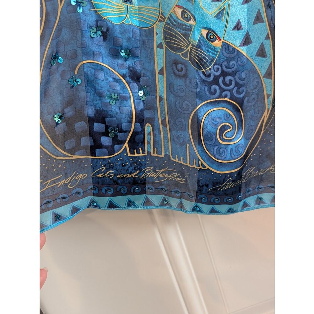 Laurel Burch Indigo Cats & Butterflies Scarf Blue Beaded Sequin Art - Picture 3 of 5